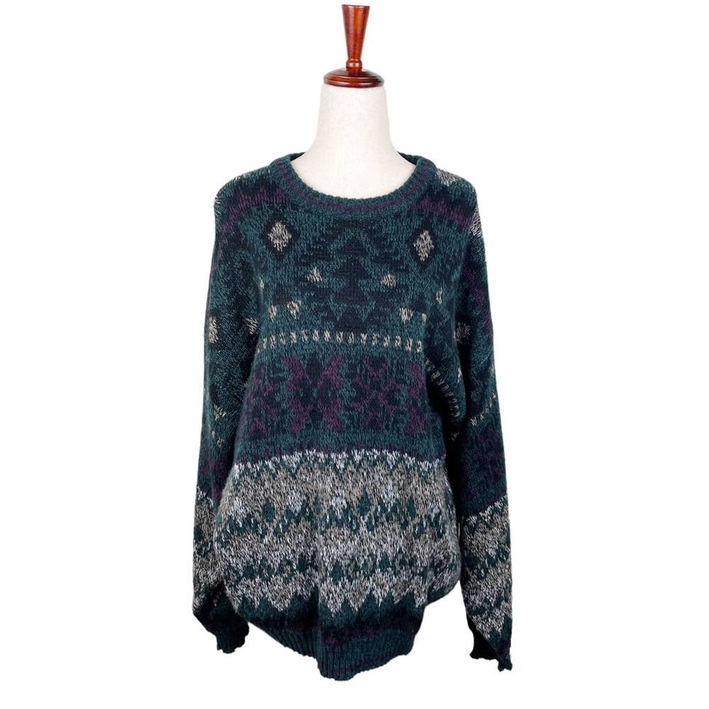 Vintage 80s 90s Michael Gerald Acrylic Knit Geometric Print Grandpa Sweater XL - Picture 2 of 6